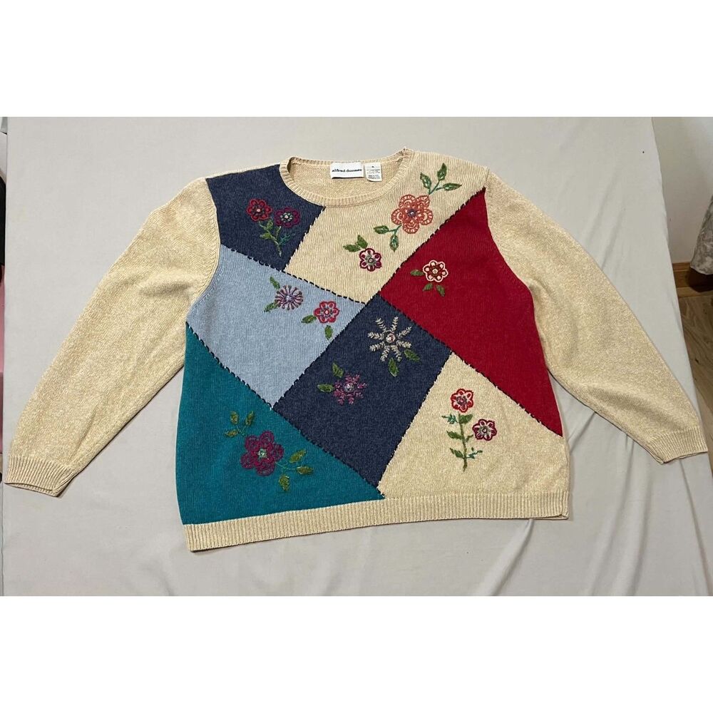 Vintage Alfred Dunner Patchwork Floral Embroidered Knit Sweater Crewneck Size XL